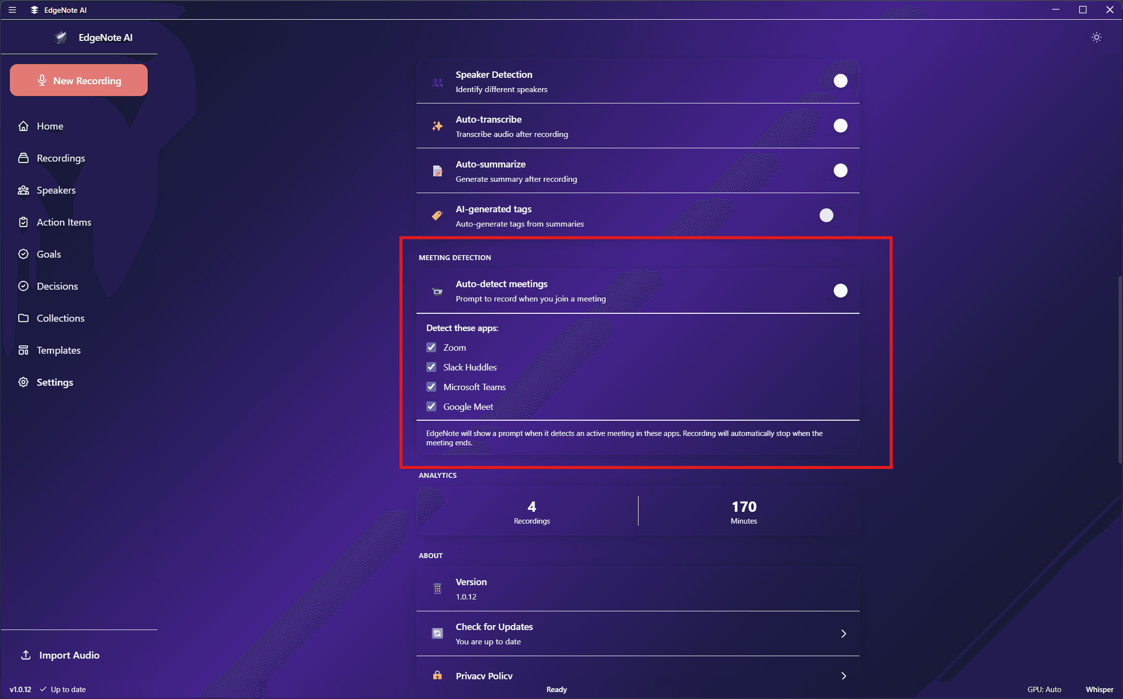 Meeting Detection Settings
